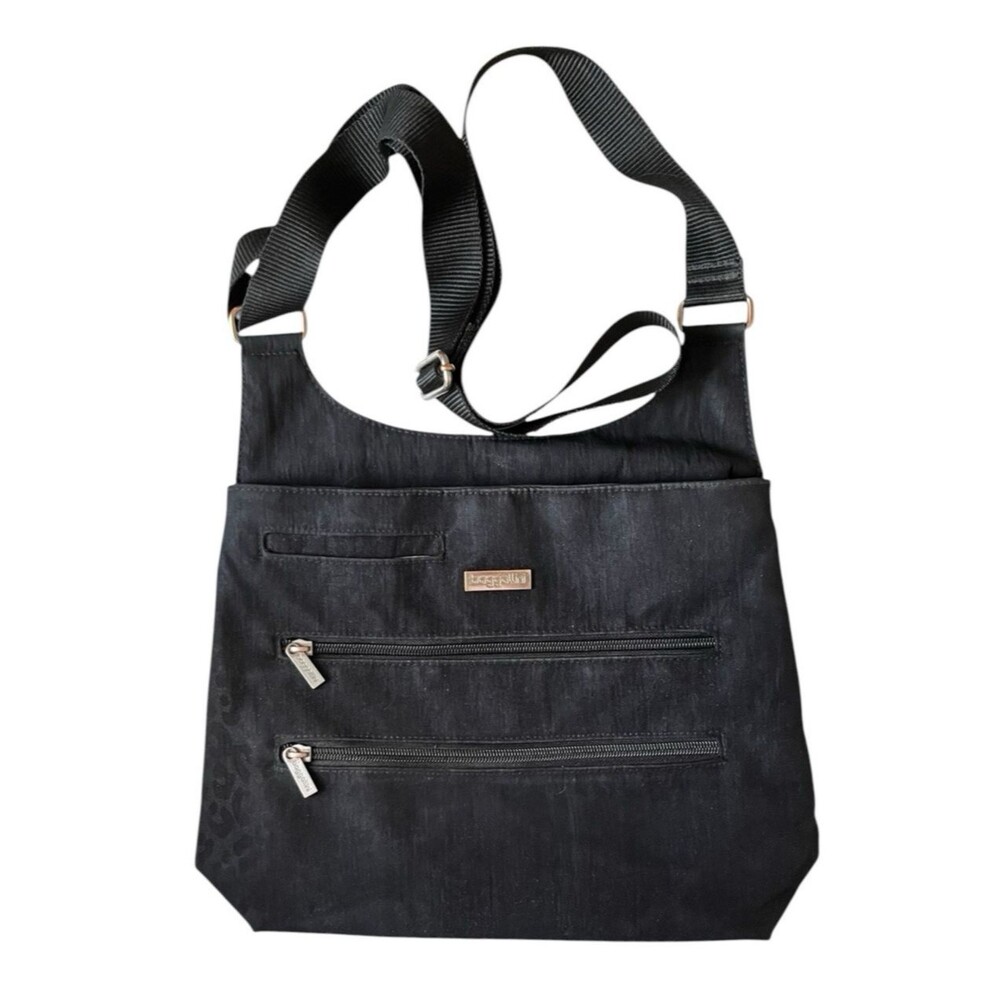 BAGGALLINI Multi Pocket Bucket Crossbody Black Bag Nylon Travel 12 x 9-1/2"
